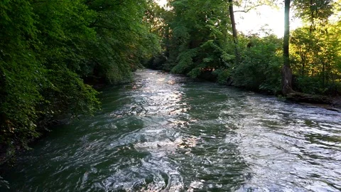 Fast moving stream, Eisbach english garden munich early morning Stock Footage 97003829