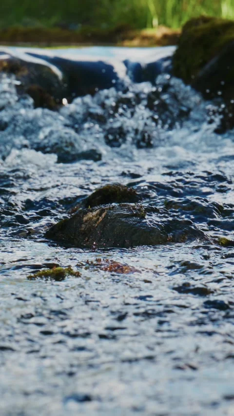 Fast-moving water tumbles over wet stones, forming whitecaps Stock Footage 335568101