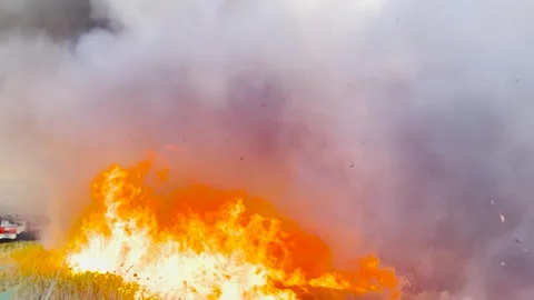 Fast-moving wildfire in rural fields, natural disaster unfolding, severe Stock Footage 315532630