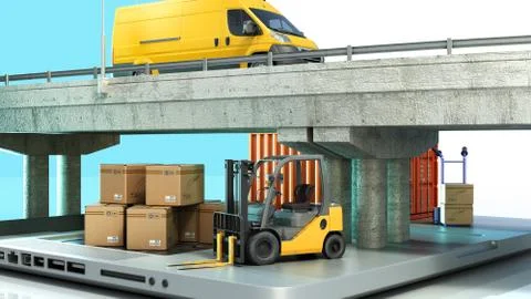 Fast online delivery concept loader minibus container with boxes are on the l Stock Illustration