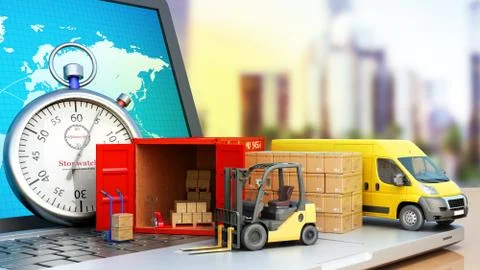 Fast online delivery concept loader minibus container with boxes are on the l Stockillustratie