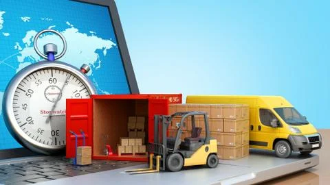 Fast online delivery concept loader minibus container with boxes are on the l Stock Illustration