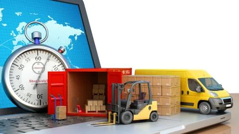 Fast online delivery concept loader minibus container with boxes are on the l Stock Illustration