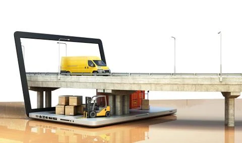 Fast online delivery concept loader minibus container with boxes are on the l Stock Illustration