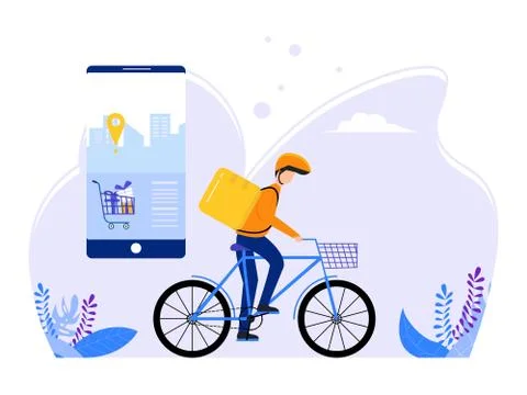 Fast online delivery. free package delivery via mobile media using bicycles.  Stock Illustration