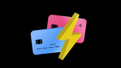 Fast P2P payment motion graphic. Credit cards with lightning bolt as fast P2P Stock Footage 323034029
