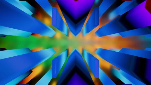 Fast-paced flight through a neon block tunnel with kaleidoscope effect. Vídeo Stock 323305095