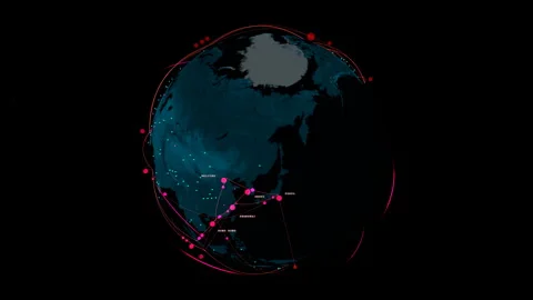 Fast-paced pull back revealing a cyber warfare globe background, 4K Stock Footage 339090716