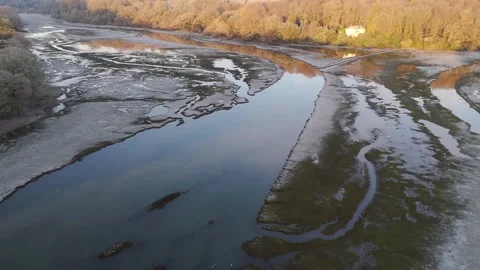 Fast Panning Drone Over Winter Estuary At Sunrise Stock Footage 301093405
