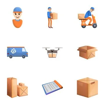 Fast parcel delivery icon set, cartoon style Stock Illustration