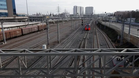 Fast passing of railroad train Stock Footage