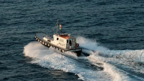 Fast pilot boat of genoa port moving trough waves Stock Footage