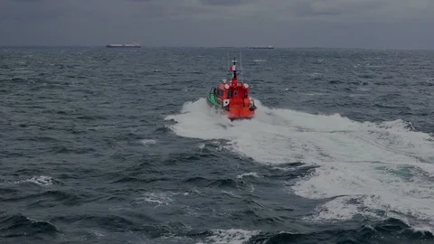 Fast pilot vessel sails along grey sea water with waves Stock Footage 121116957