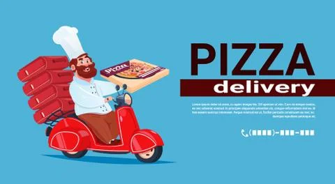 Fast Pizza Delivery Concept Chef Cook Riding Red Motor Bike Illustrazione stock