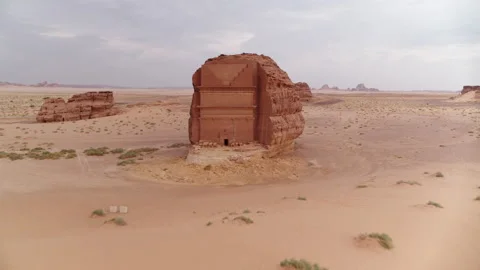 Fast push in flight towards and across Tomb of Lihyan, Al Ula. 4K Aerial Stock Footage 196835391