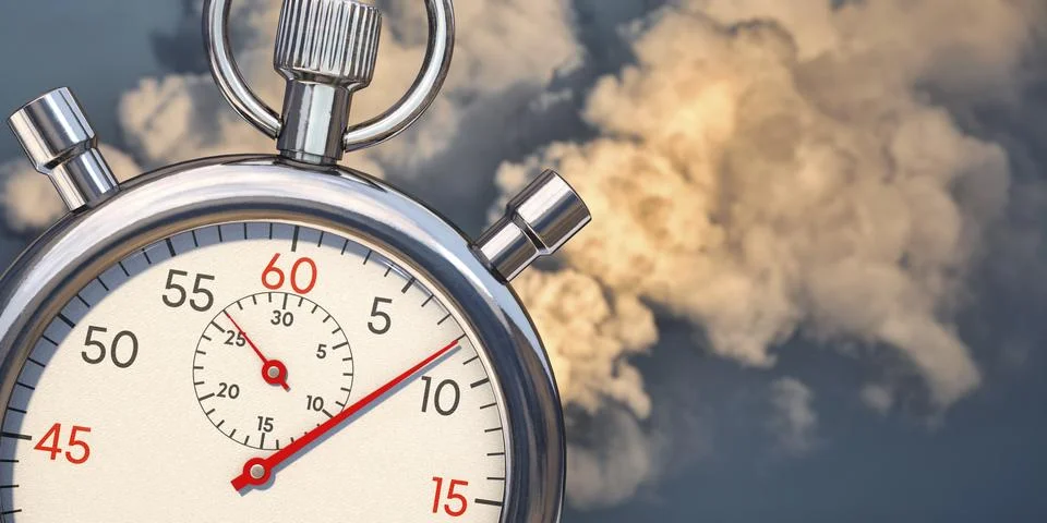 Fast reduce emissions. A stop clock with emissions in background Foto stock