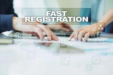 Fast registration on virtual screen. Business, technology and internet concept. Illustrazione stock