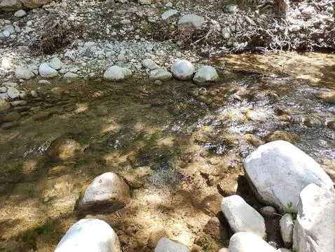 A fast river with clear water flows among the stones Stock-Fotos