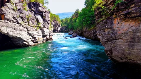 Fast River Flow through Sunlit Canyon, Oppdal Norway Stock Footage 318537301