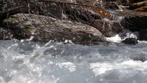 Fast river running closeup pan. Rocky shore. 库存影片 84042589