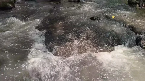 Fast river water splashes over smooth dark rocks with white foam Stock Footage 347422713