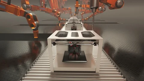 "Fast robotic arms assembling 3d printer on a factory line in a loop. 4k HD" Stock Footage 94712390