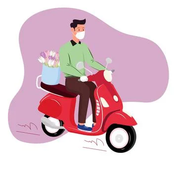 Fast safe flower delivery concept. Safety, sterile flower service. Courier in Stock Illustration