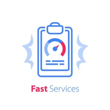 Fast services, clipboard and speedometer, training course, quick solution Stock Illustration