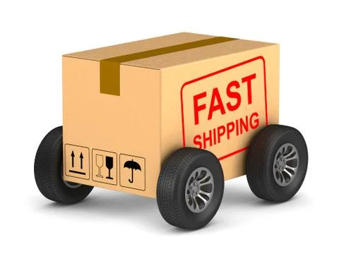 Fast shipping cargo box with wheel on white background. Isolated 3D illustrat Illustrazione stock