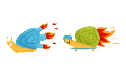 Fast Snail with Spiral Shell Having Rocket Turbine or Speed Booster Vector Set Stock Illustration