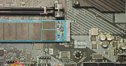 Fast solid state drive in motherboard closeup Stock Photos