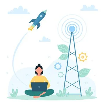 Fast speed internet connection, tiny woman working with laptop, using wireless Stock Illustration