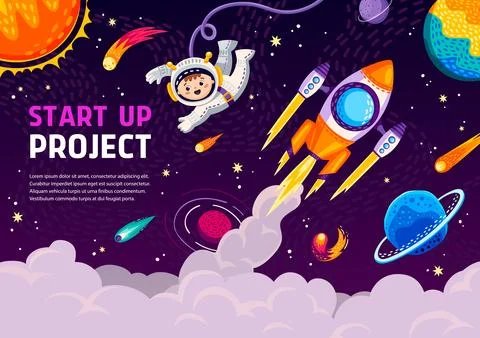 Fast start, cartoon spaceship rocket launch Stock Illustration