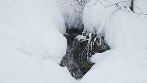 A fast stream flows among the snow in the mountains in winter weather. Vidéo 101538349