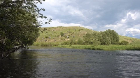 Fast stream on a river at shallow place. River Don headwaters, Russia Stock Footage 124714492