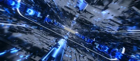 Fast Tech Tunnel Flythrough 3D Animation Blue Neon Corridor 4K Stock Footage 342091228