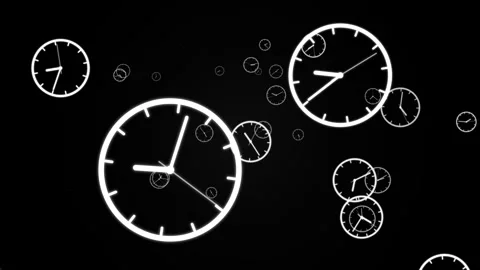 Fast Ticking Clocks. white analog clock icons floating on black background Stock Footage 339039931