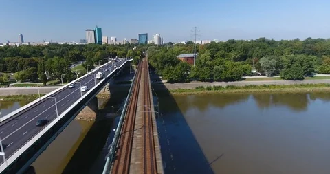 Fast Tilt Down. Car Moving On A Bridge And Get Off The Frame Stock Footage 93697450