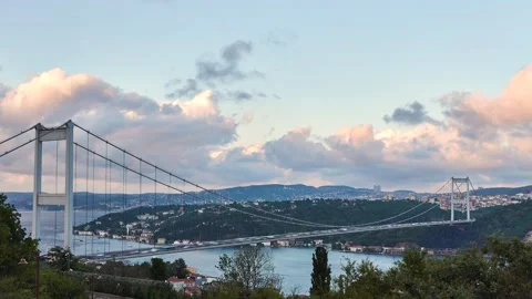 Fast time lapse of Bosphorus and Fatih Bridge, Istanbul, Turkey Stock Footage 136908962