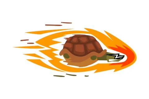 Fast Turtle on Wheels, Funny Tortoise Animal Cartoon Character with Fire Vector Stock Illustration