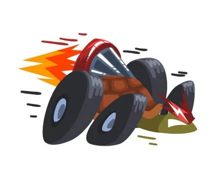 Fast Turtle on Wheels, Tortoise Animal Cartoon Character with Turbo Speed Illustrazione stock