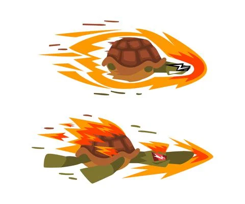 Fast turtles in flame set. Funny racing tortoise cartoon vector illustration Illustrazione stock
