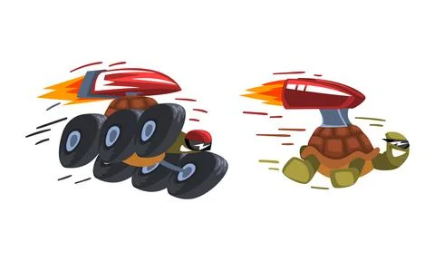 Fast turtles set. Funny tortoise with turbo speed booster cartoon vector Stock Illustration