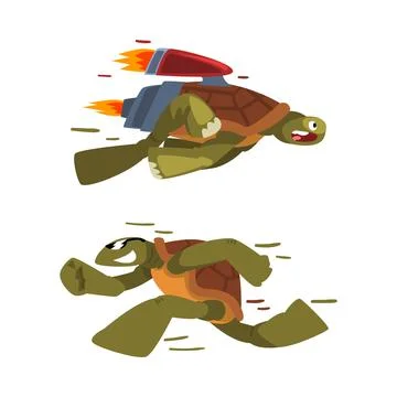 Fast turtles set. Funny tortoise with jet engine cartoon vector illustration 스톡 일러스트