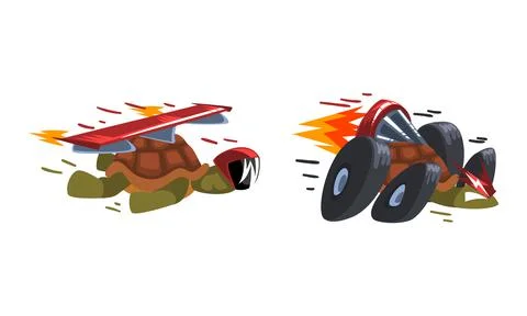 Fast turtles set. Funny tortoise with flaming turbo speed booster cartoon vector Illustrazione stock