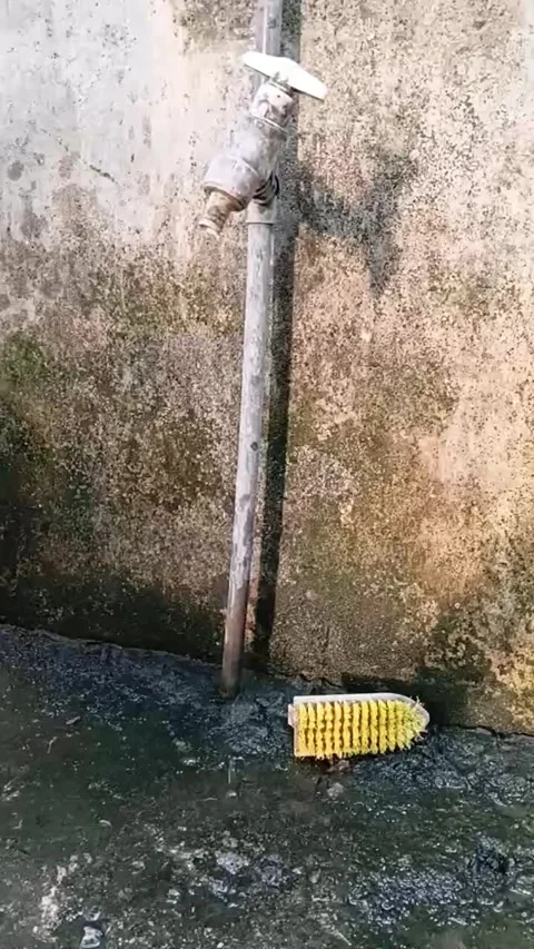 Fast Water Leak from Old Pipe, Mossy Wall Background, Resource Wastage, 1080p HD Video stock 327551872
