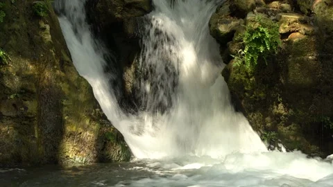 Fast waterfall Fast water cascade into the creek in the woods Stock Footage 137764087
