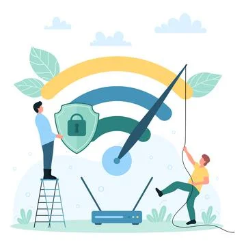 Fast wireless connection, tiny people pulling arrow to reduce latency of WIFI Stock Illustration