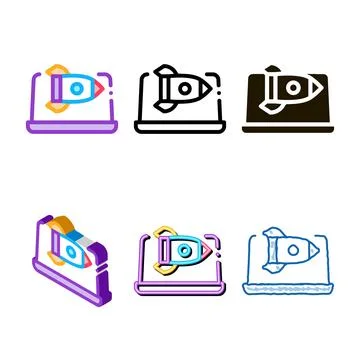 Fast working designs web site rocket laptop screen icon vector outline Illustrazione stock