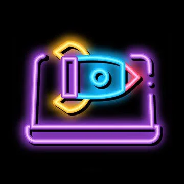 Fast working web site rocket laptop screen neon glow icon illustration Stock Illustration